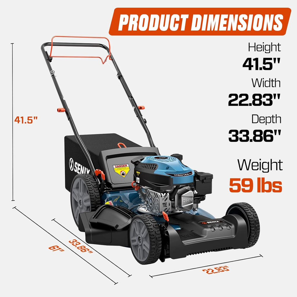 SENIX 21'' Self-Propelled Gas Lawn Mower (FWD), 170 cc 4-Cycle Engine 3.8 HP, 3-in-1 (Bagging/Mulching/Side Discharge), 6-Position Cutting Height Adjustment, 1.7 Bushels Grass Bag