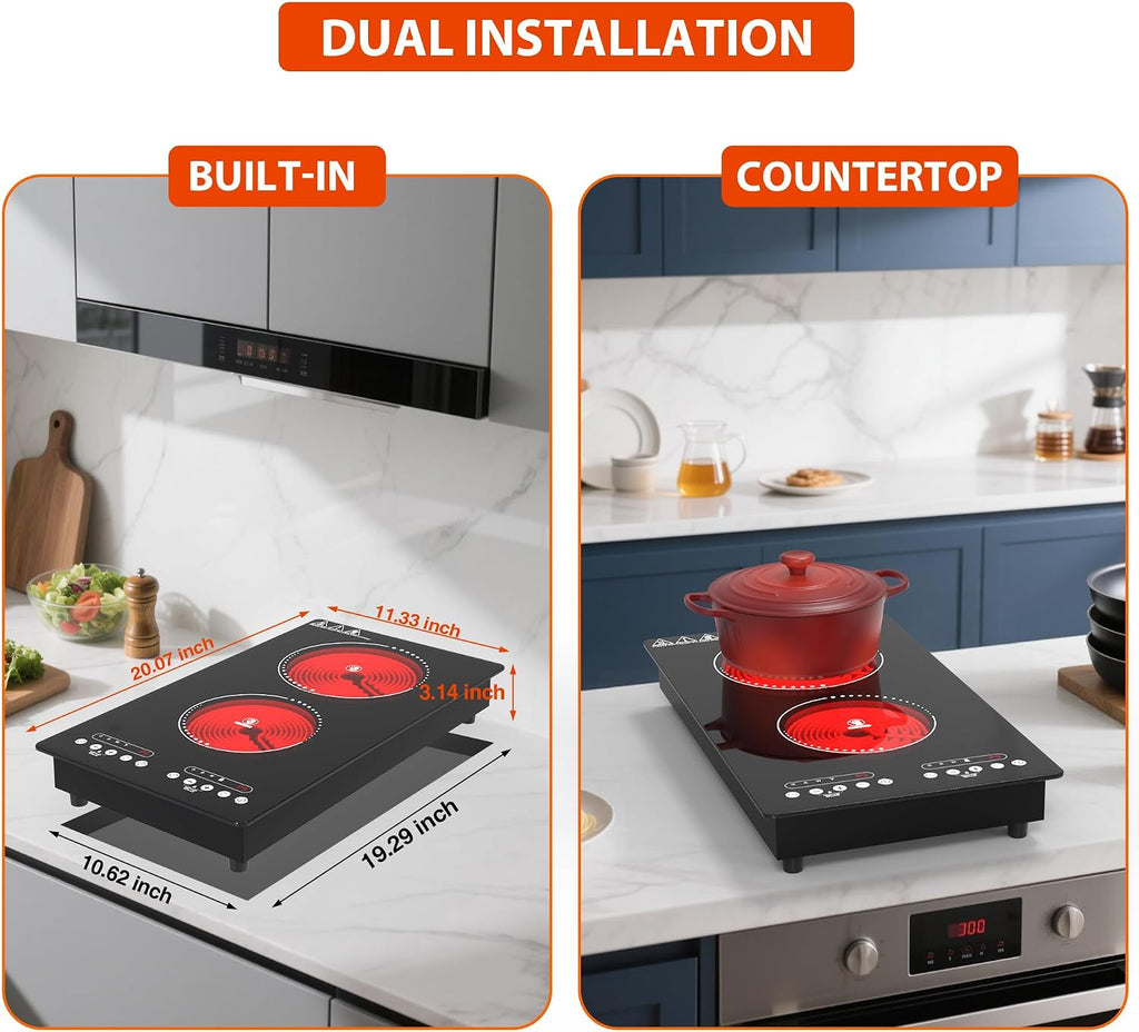 Electric Cooktop 2 Burner: 12 Inch Built-in Electric Stove Top with Dual Heating Rings, Child Lock & Keep-Warm – Portable Countertop Burner for Kitchen, RV, Apartment, All Cookware Compatible