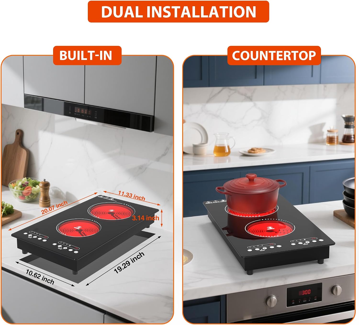 Electric Cooktop 2 Burner: 12 Inch Built-in Electric Stove Top with Dual Heating Rings, Child Lock & Keep-Warm – Portable Countertop Burner for Kitchen, RV, Apartment, All Cookware Compatible