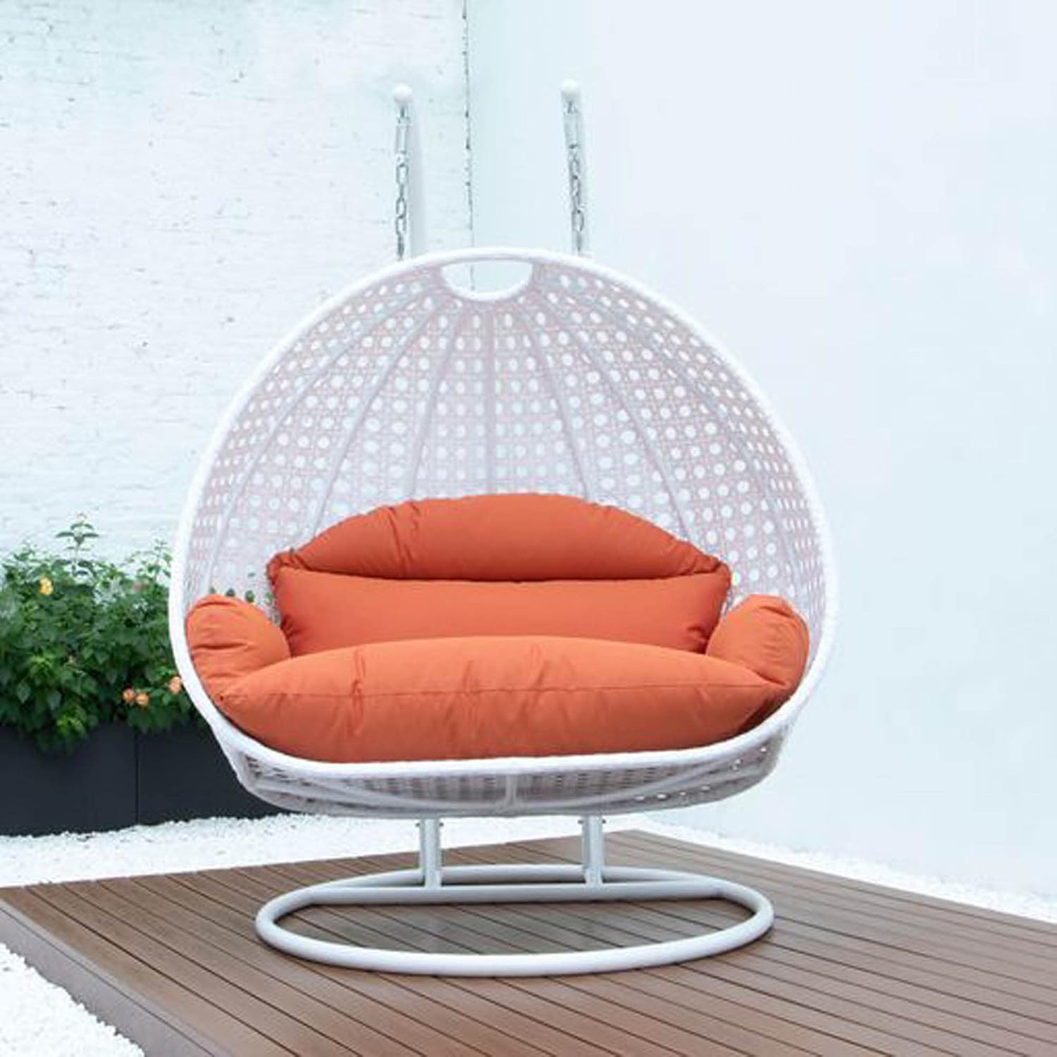 LeisureMod 2 Person Wicker Egg Chair Outdoor Indoor Bedroom Patio Hanging Lounge Swing Hammock Chairs with White Stand and UV Resistant Cushions (Orange)