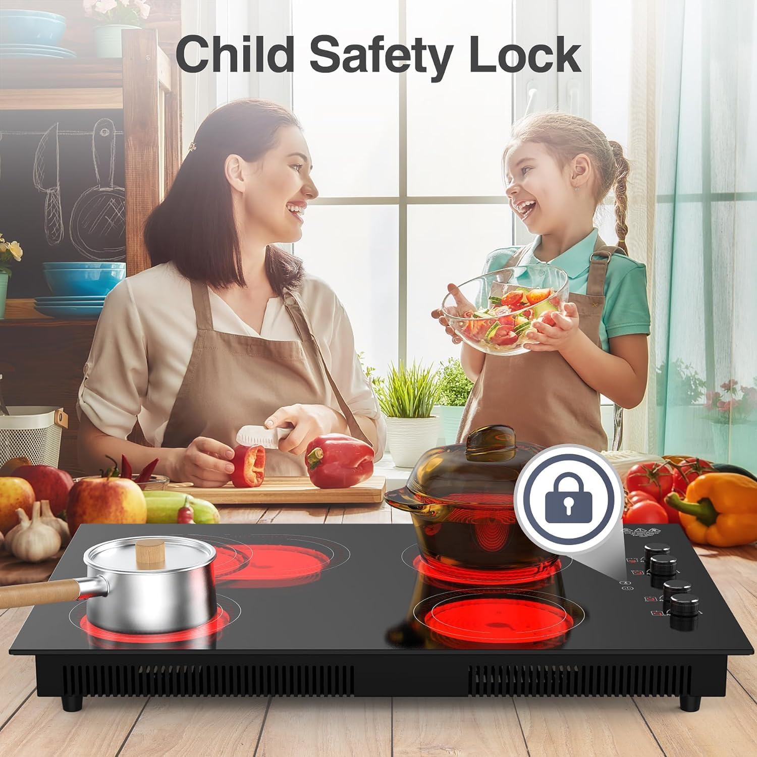 GIHETKUT 4 Burner Electric Cooktop,7200W Built-in & Countertop 30 inch stove top with 9 Power Levels, Child Safety Lock & 99 mins Timer, 30 inch Electric Cooktop 220-240V (No Plug)