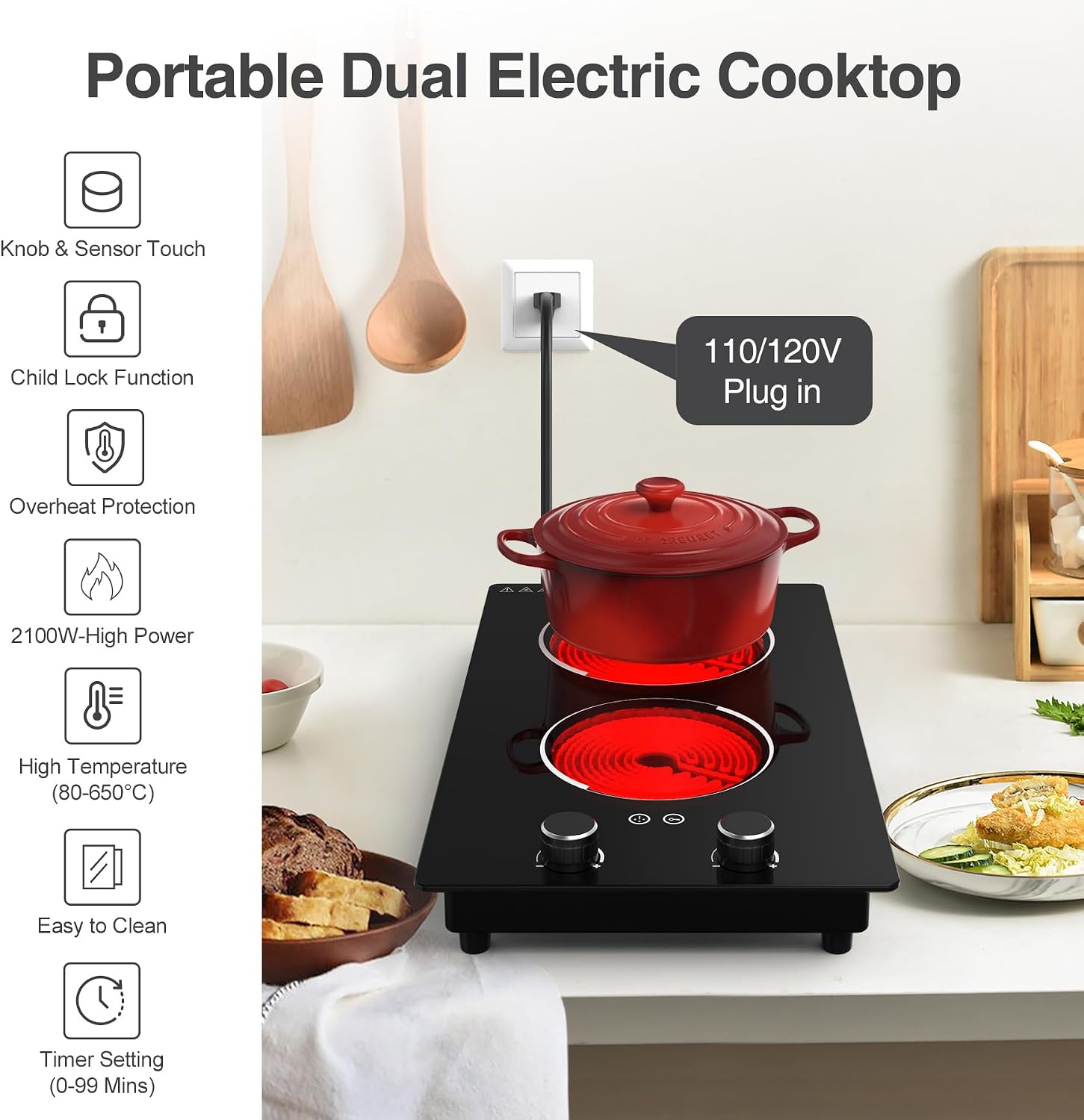 GIHETKUT Electric Cooktop,110V 2100W Electric Stove Top with Knob Control, 10 Power Levels, Kids Lock & Timer, Hot Surface Indicator, Overheat Protection,Built-in Radiant Double induction cooktop