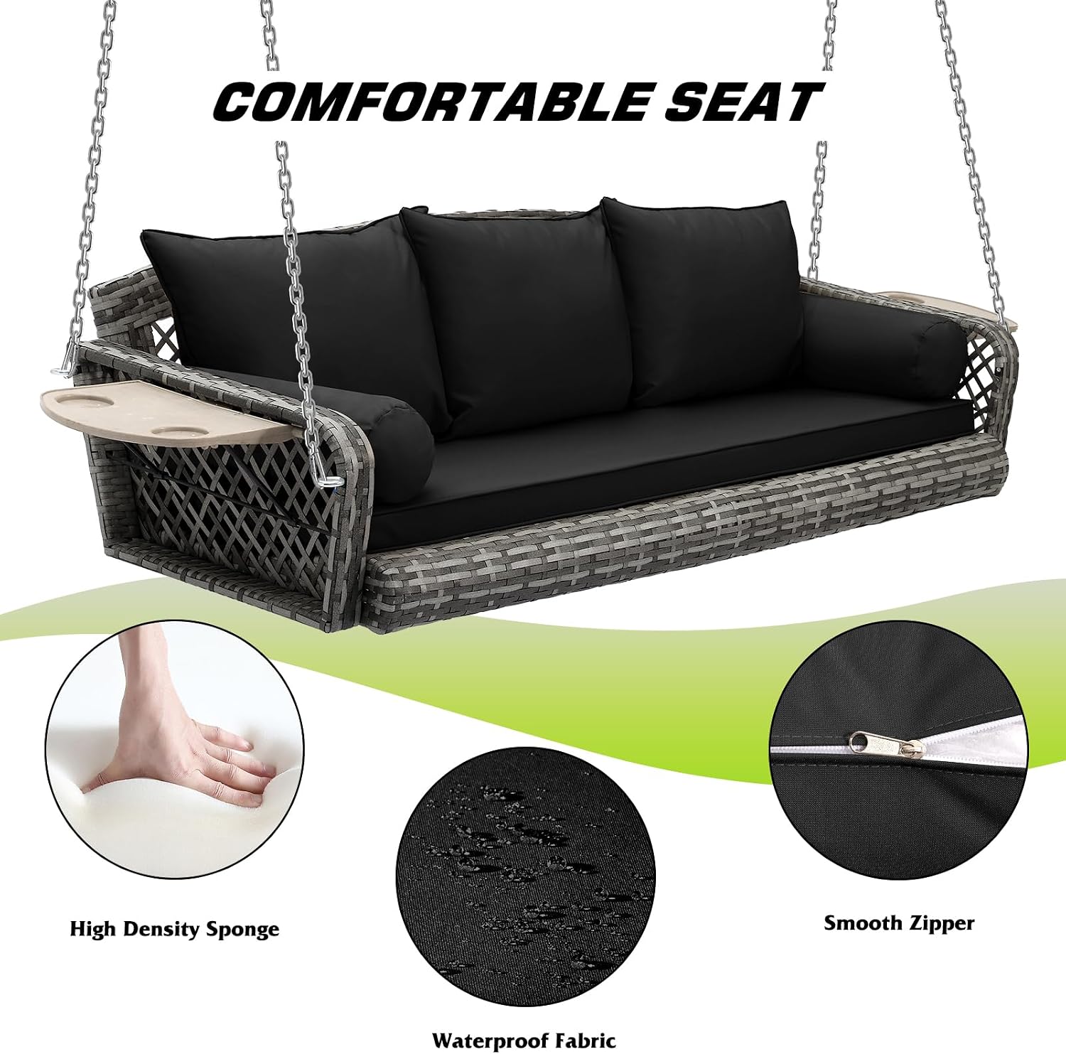 Grepatio Wicker Hanging Porch Swing - Outdoor 3 Person Patio Swing Bench with Cushion & Chains - 3-Seat Porch Swing Chair with Cup Holder for Garden, Yard, Lawn (Black Grey Rattan)