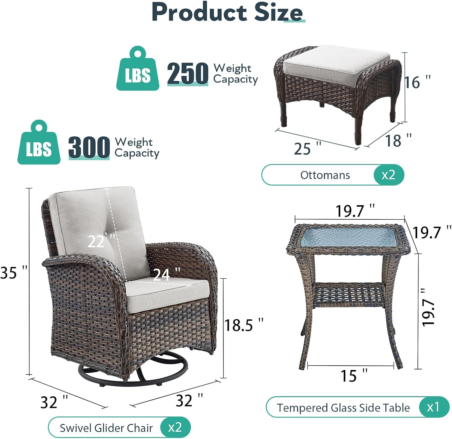 Outdoor Swivel Glider Rocker Chairs Set- 5 Piece Patio Furniture Set, Patio Bistro Sets with Tempered Glass Side Table and 2 Ottoman, for Balcony, Porch - Brown Wicker, Beige Cushion