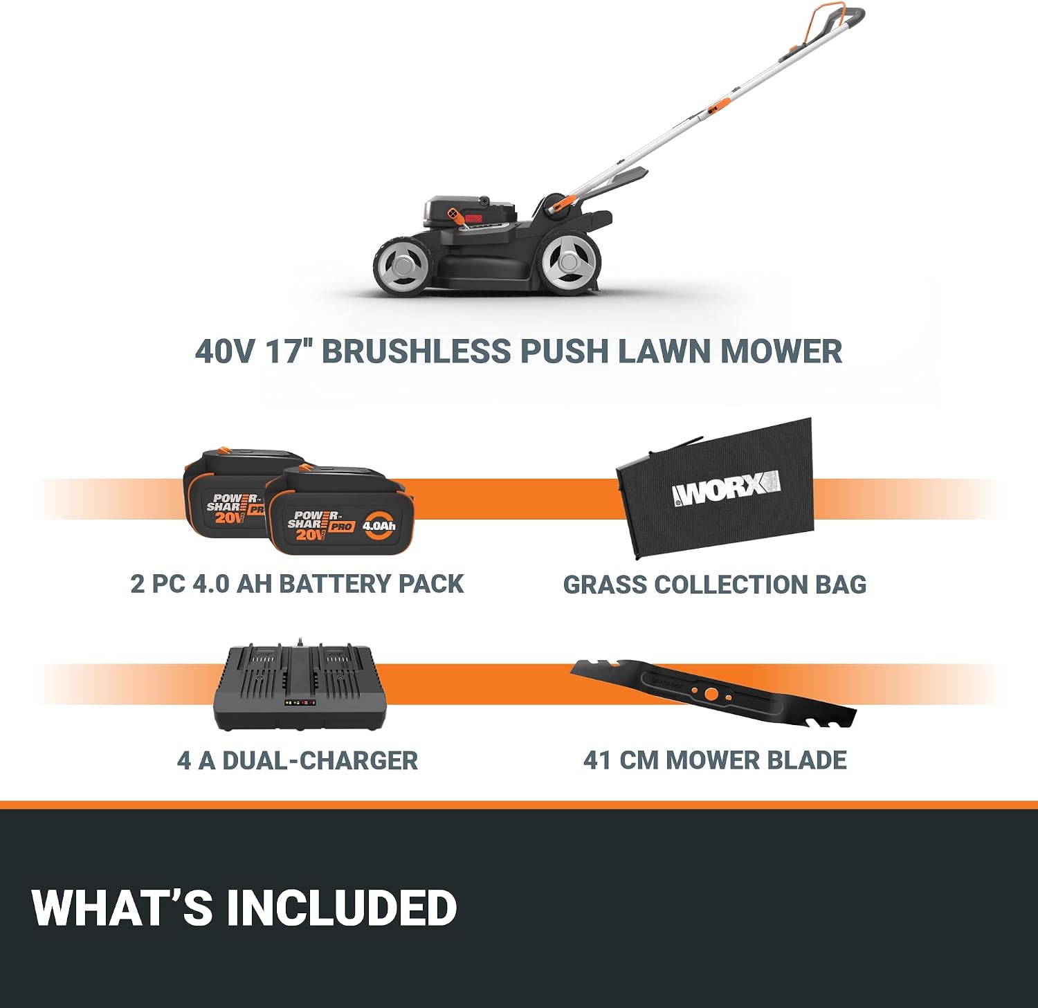 WORX 17'' Cordless Lawn Mower, 2 in 1 Electric Mower Cuts to Edge, Compact & Lightweight Push Lawn Mower with 6-Position Height Adjustment for Medium Size Yards, 2 Batteries & Charger Included, WG745