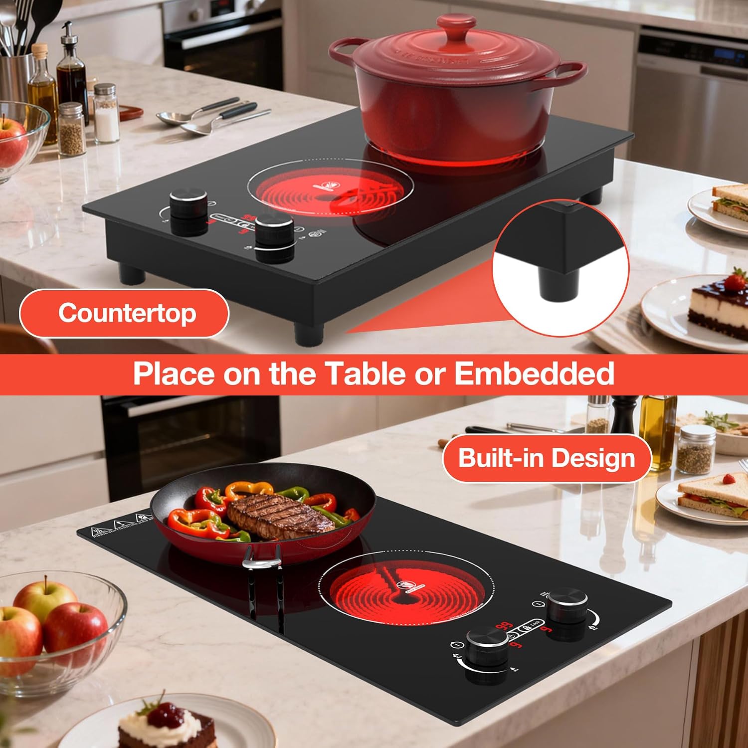 2 Burner Electric Cooktop, 12 Inch Built-in Ceramic Cooktop, 2100W Plug in Electric Stove Top with Knob Control, Keep Warm, 9 Heating Levels, Timer & Child Safety Lock, Over-Temperature Protection