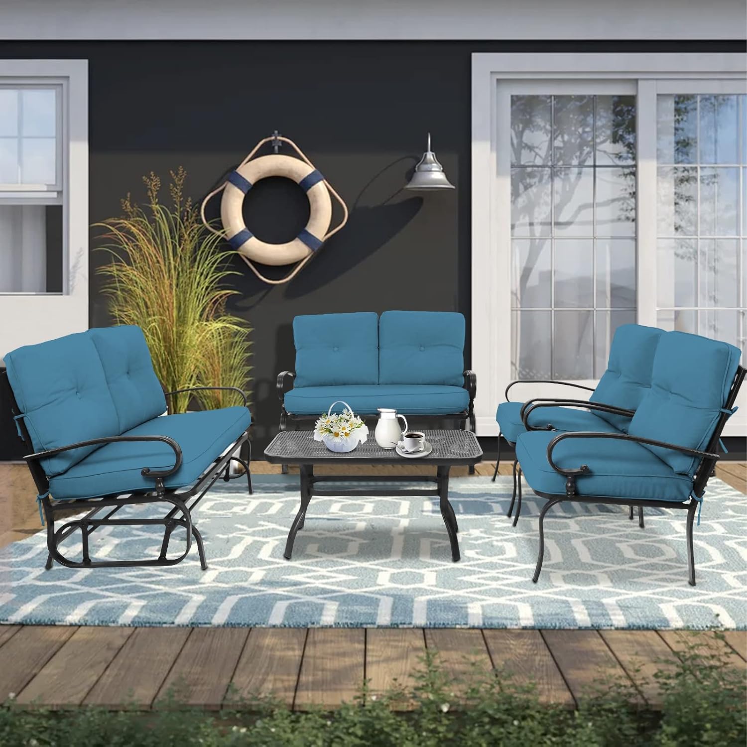 5Pcs Patio Conversation Set Outdoor Wrought Iron Furniture Set with 1 Glider,1 Loveseat, 2 Single Chairs, and Coffee Table, for Courtyard, Garden, Backyard(Peacock Blue)