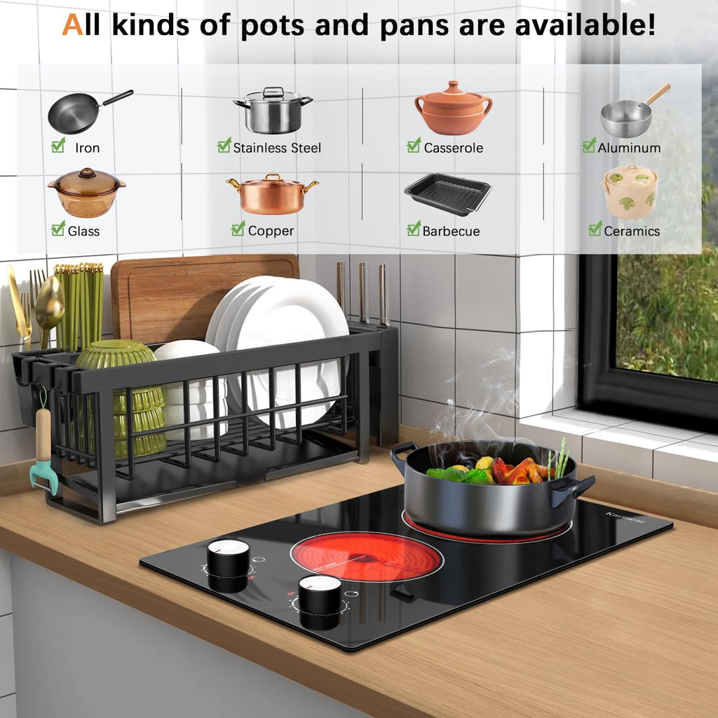 Karinear 110V Electric Cooktop 2 Burners Electric Stove 12 Inch Knob Control Countertop & Built-in Ceramic Cooktop, 9 Heating Level, Hot Warning, Over-Temperature Protection(White Knob)