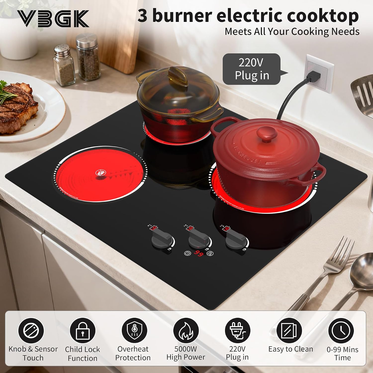 VBGK Electric Cooktop,24 inch 220V Electric Stove Top,Touch and Knob Control,LED,9 Power Levels, Kids Lock &Timer,Overheat Protection,5000W 3 burner cooktop.