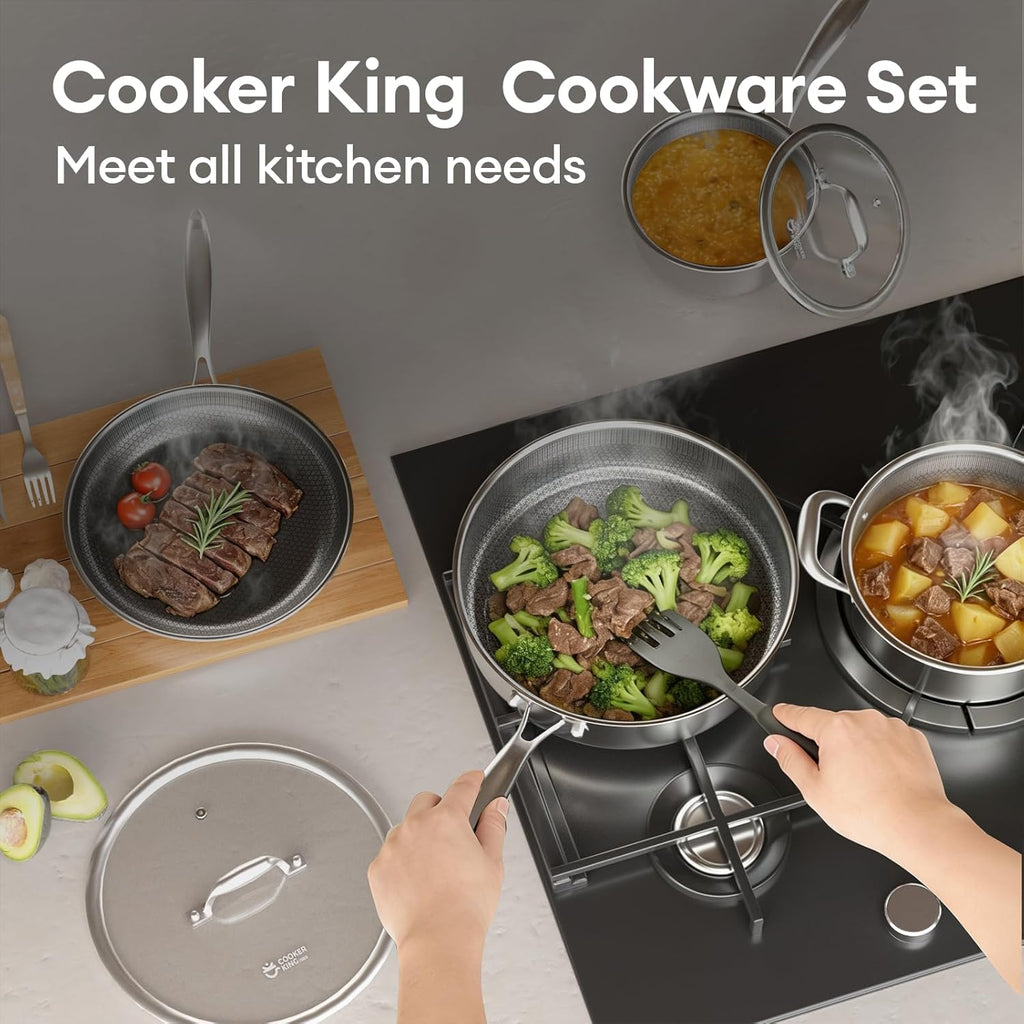 COOKER KING 7 PCS Stainless Steel Cookware Set, Pots and Pans Set Non Stick, Hybrid Cookware,Non-Stick Frying Pan, Saucepan, Saute Pan & Stockpot, Non-Toxic, Oven Safe, Induction Compatible