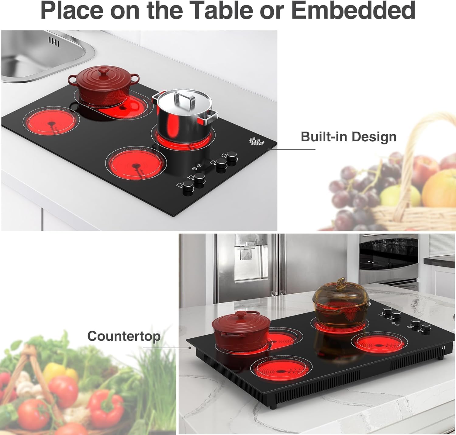 GIHETKUT 4 Burner Electric Cooktop,7200W Built-in & Countertop 30 inch stove top with 9 Power Levels, Child Safety Lock & 99 mins Timer, 30 inch Electric Cooktop 220-240V (No Plug)