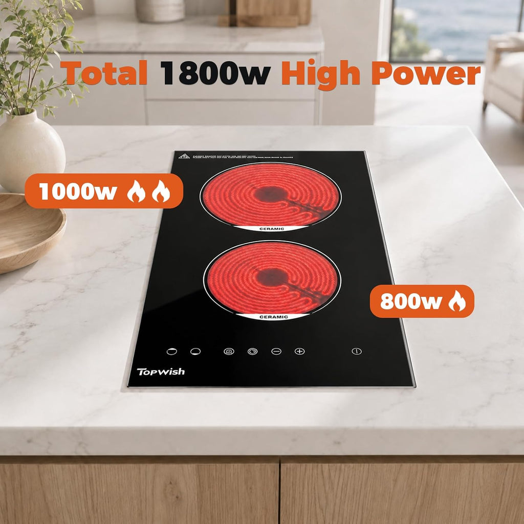 TOPWISH 12 Inch Electric Cooktop, 2 Burners Built-in Electric Stove Top Hot Plate, Drop-in Ceramic Cooktop Kitchen Stoves with Touch Control, Safety Lock, Timer, Overheat Protection, 120V Plug in