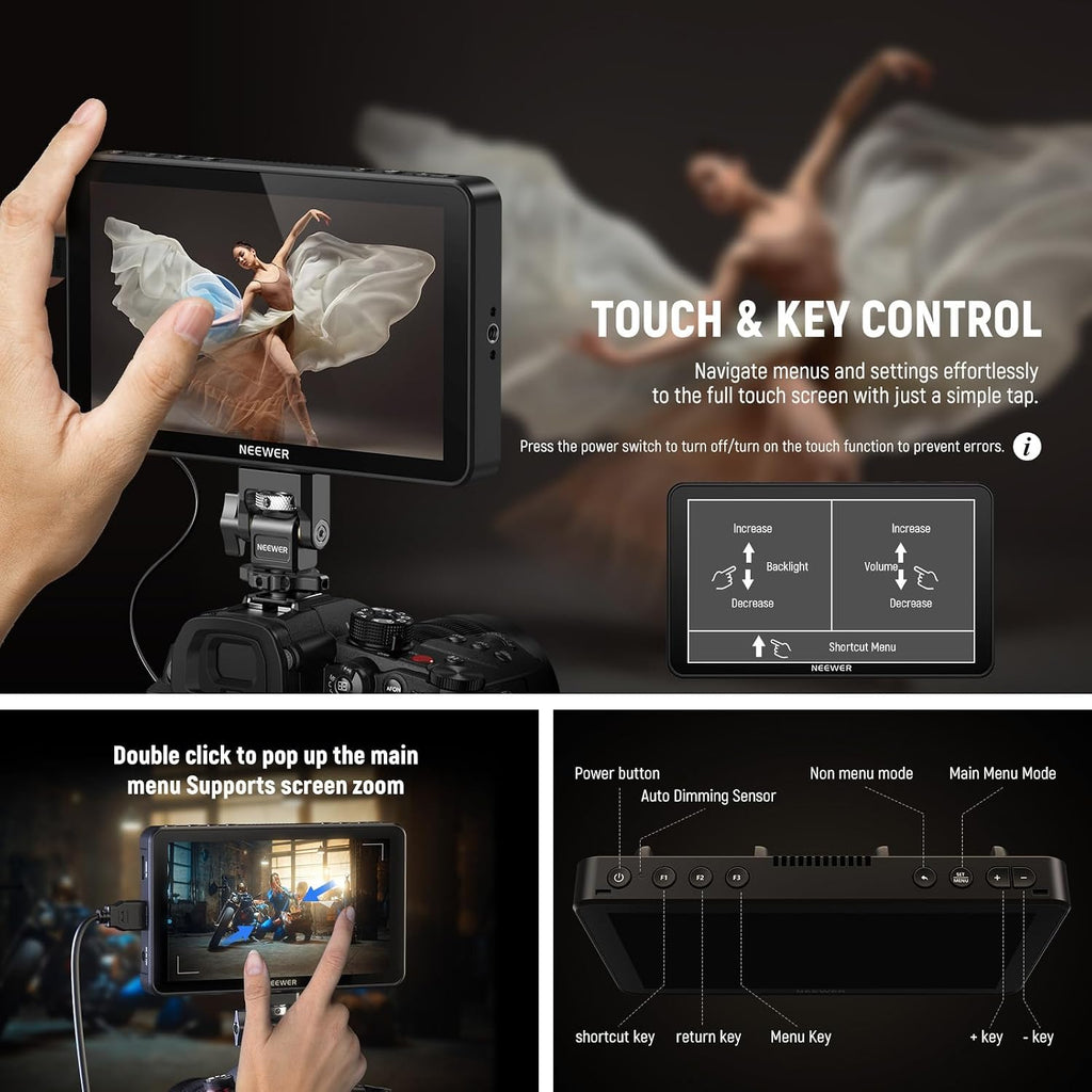 NEEWER F700 7' Camera Field Monitor, 2000nit HD 1920x1080 IPS Touch Screen with 3D LUT, 4K HDMI Loop in/Out with Peak Focus DSLR Video Assist HDR Waveform, Cold Shoe Mount, Battery Not Included