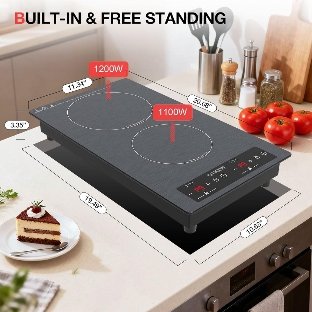 Double Induction Cooktop 110v-120v, GTKZW 2300W Electric Cooktop 20 inch Hot Plate Electric Stove Top with Plug in, Built-in and Countertop, 9 Power Levels, Timer & Safety Lock