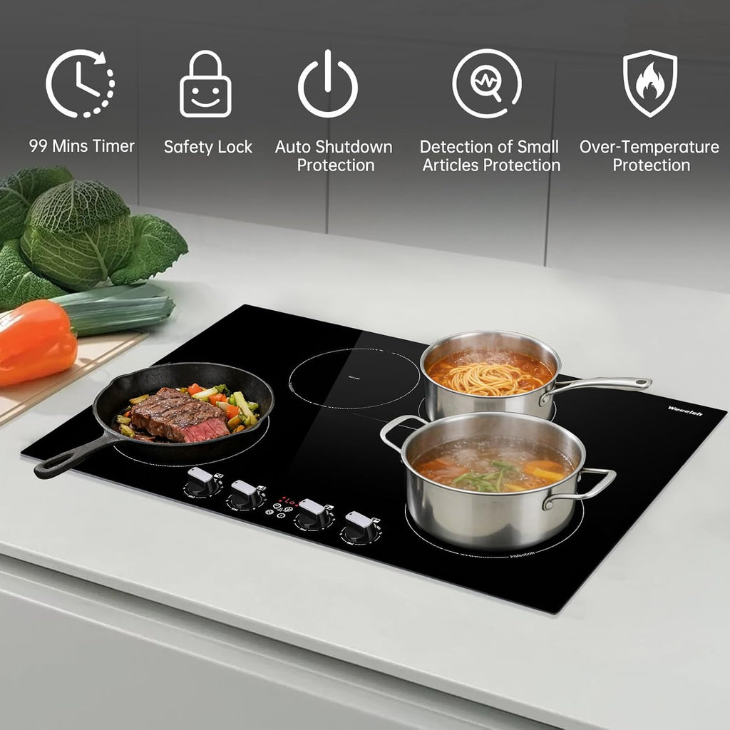 30 Inch Induction Cooktop 7800W, Weceleh 10 Levels Electric Cooktop with 4 BOOST Burners, Bulid-in Induction Stove Top, Bridge-Sync, Safety Lock, Timer, Knob Control, No Plug, 220-240V