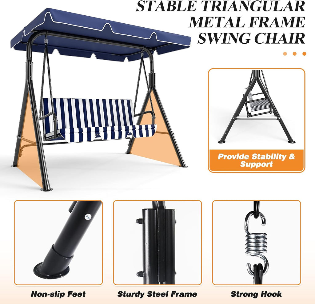 GARTOO 3-Seat Patio Swing Chair, Outdoor Porch Swing with Adjustable Canopy and Durable Steel Frame for Patio, Garden, Poolside(Nevy Blue)