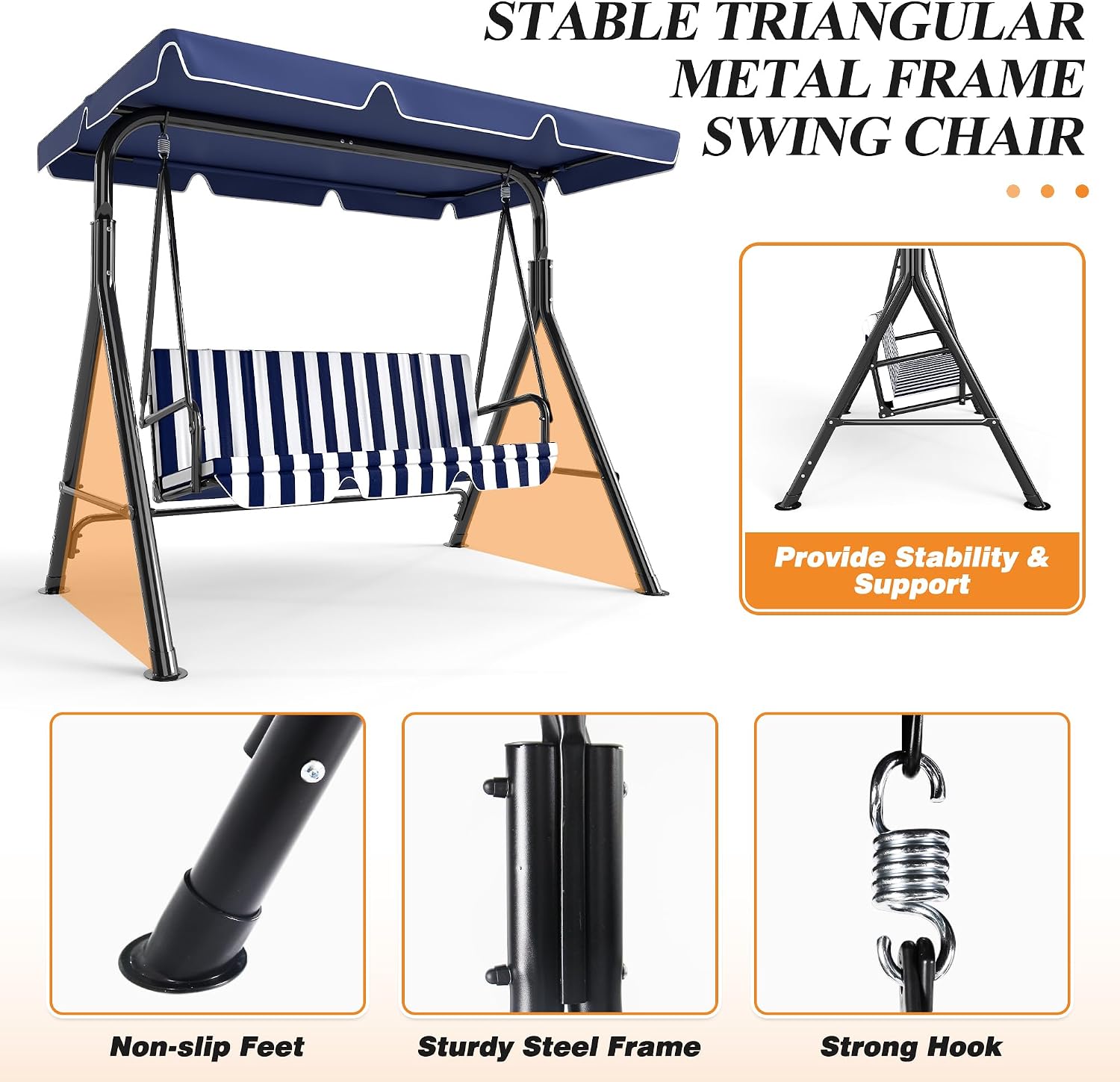 GARTOO 3-Seat Patio Swing Chair, Outdoor Porch Swing with Adjustable Canopy and Durable Steel Frame for Patio, Garden, Poolside(Nevy Blue)