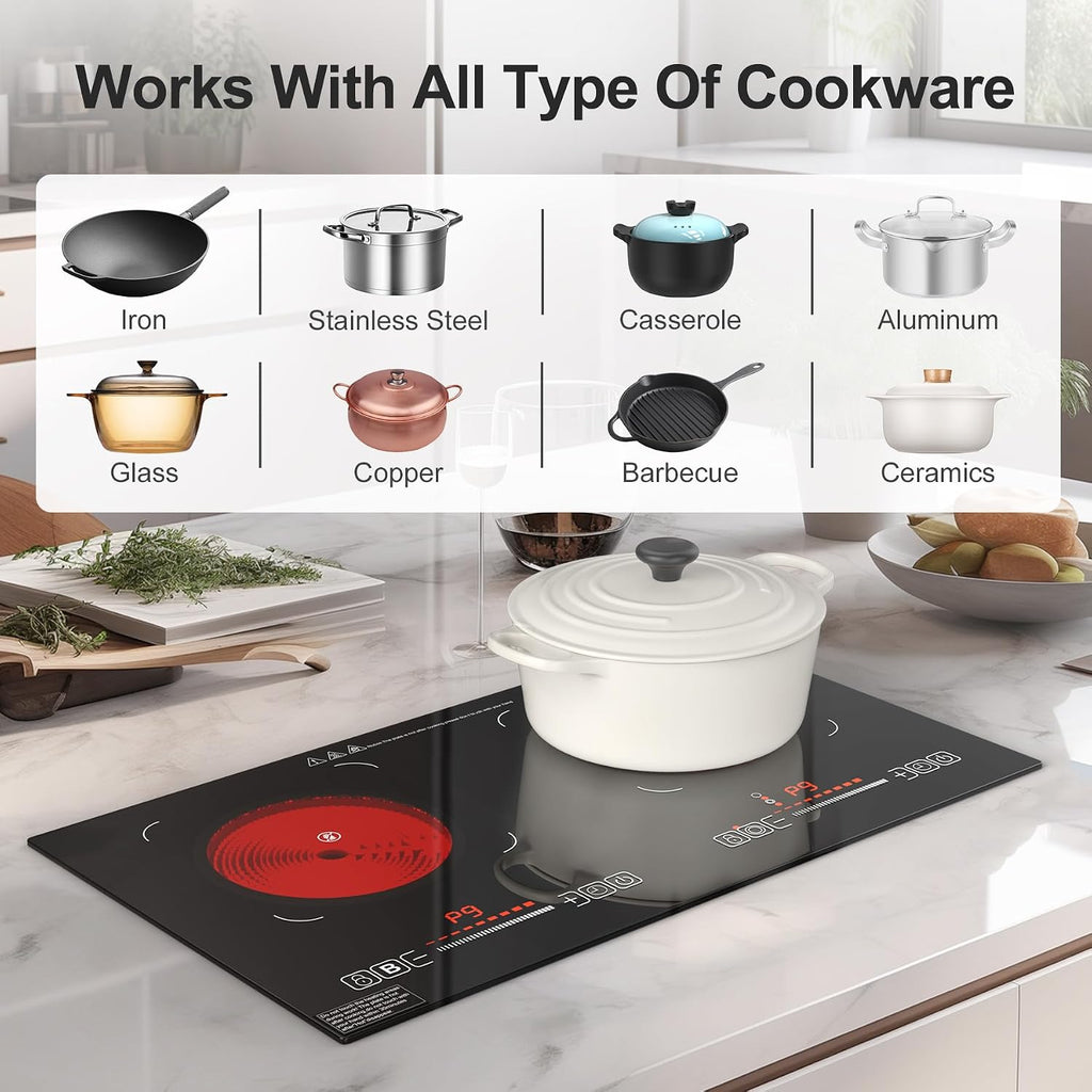 Electric Cooktop,110V 2400W,Countertop and Built-in Electric Stove top,2 Burner induction Cooktop with11 Power Levels,Child Safety Lock, Timer, LED touch control,Overheat Protection