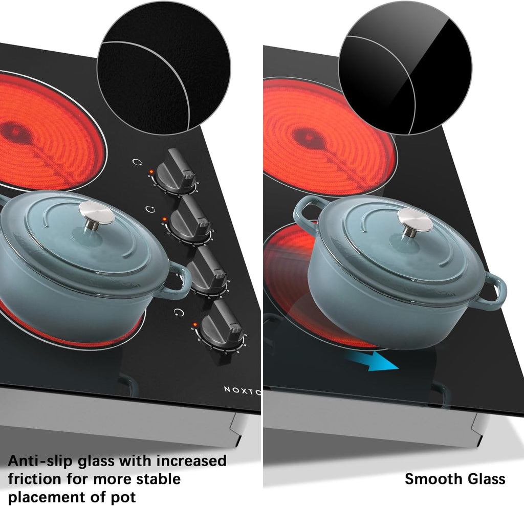 Noxton 24 Inch Electric Cooktop 4 Burners Electric Stove Top, Built-in 24' Radiant Ceramic Cooktop with Knob Control, Hot Surface Indicator, 220-240v,6000W, No Plug, Hard Wire