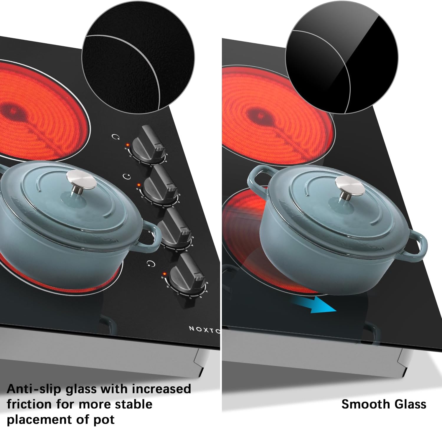 Noxton 24 Inch Electric Cooktop 4 Burners Electric Stove Top, Built-in 24' Radiant Ceramic Cooktop with Knob Control, Hot Surface Indicator, 220-240v,6000W, No Plug, Hard Wire