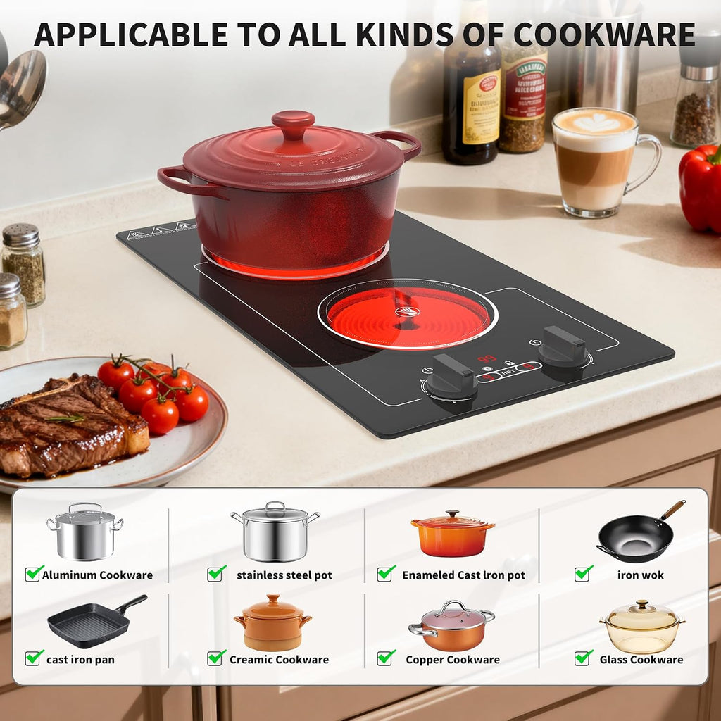 VBGK Electric Cooktop,110V 2100W electric Stove Top with Knob Control,Countertop/Built-in Design with 9 Power Levels,Kids Lock & Timer, Overheat Protection,and touch control 2 burner electric Cooktop.