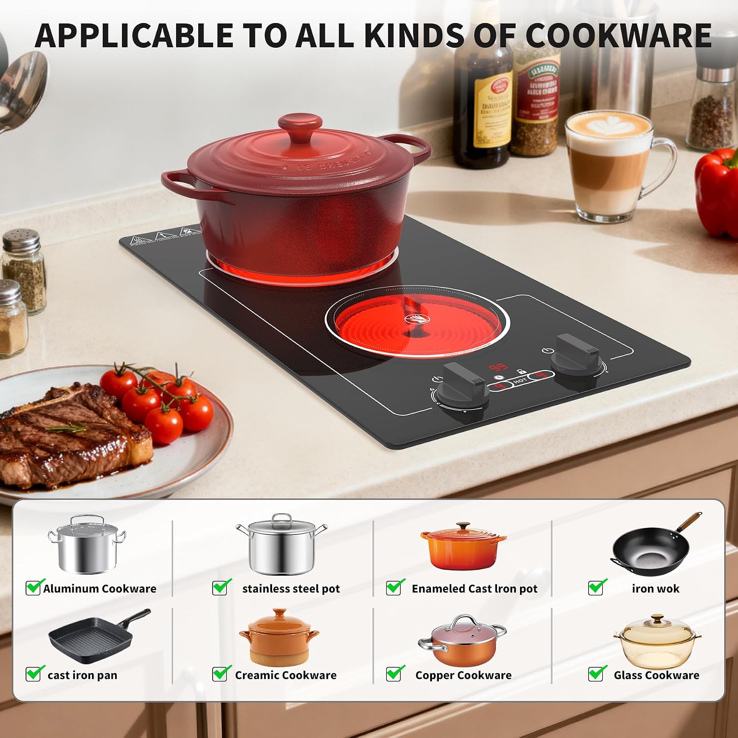 VBGK Electric Cooktop,110V 2100W electric Stove Top with Knob Control,Countertop/Built-in Design with 9 Power Levels,Kids Lock & Timer, Overheat Protection,and touch control 2 burner electric Cooktop.