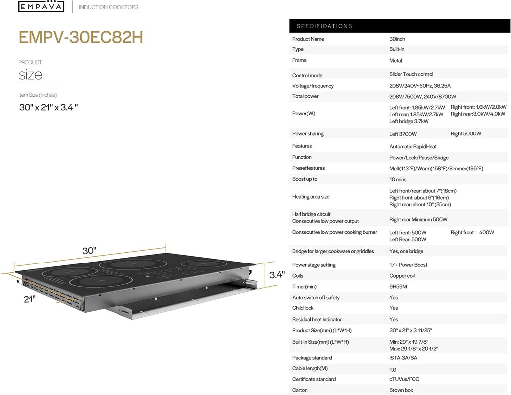 Empava 30 Inch Built-in Induction Cooktop 4 Burner, Bridge-SYNC, Auto RapidHeat, 3 Preset Modes, Pan Sensor, Hardwired 208~240V, 40A, Black Vitro Ceramic Glass