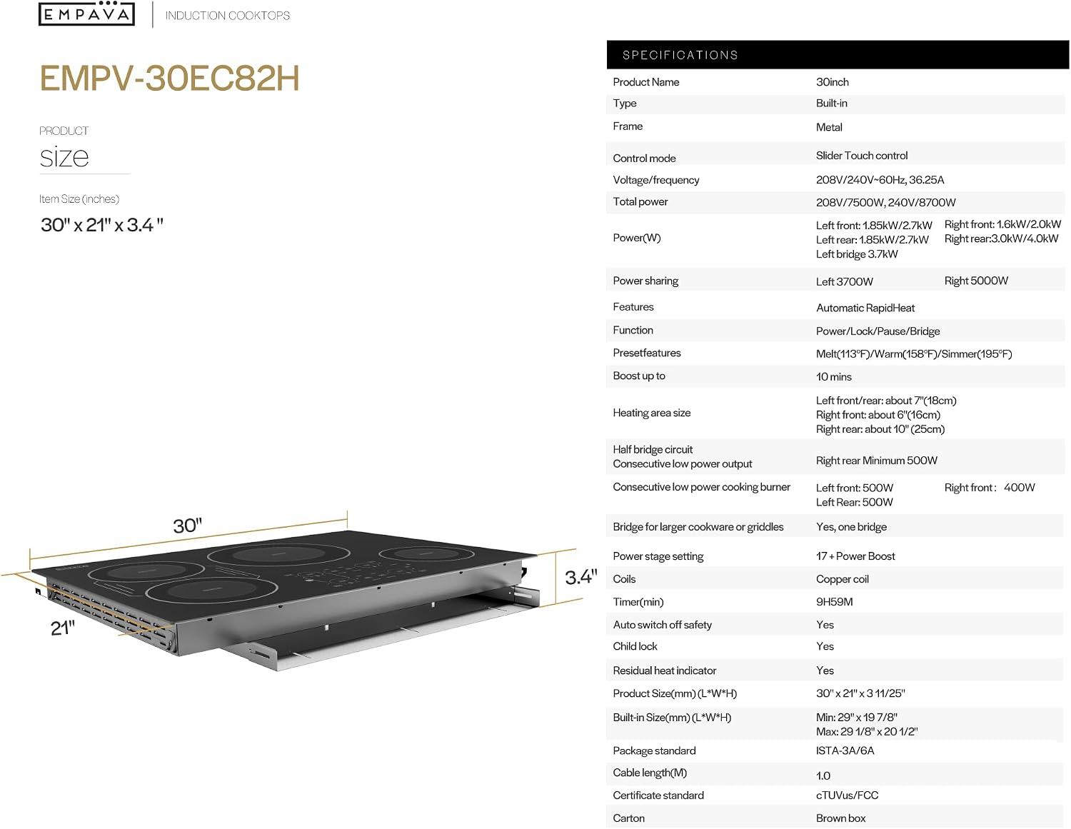 Empava 30 Inch Built-in Induction Cooktop 4 Burner, Bridge-SYNC, Auto RapidHeat, 3 Preset Modes, Pan Sensor, Hardwired 208~240V, 40A, Black Vitro Ceramic Glass