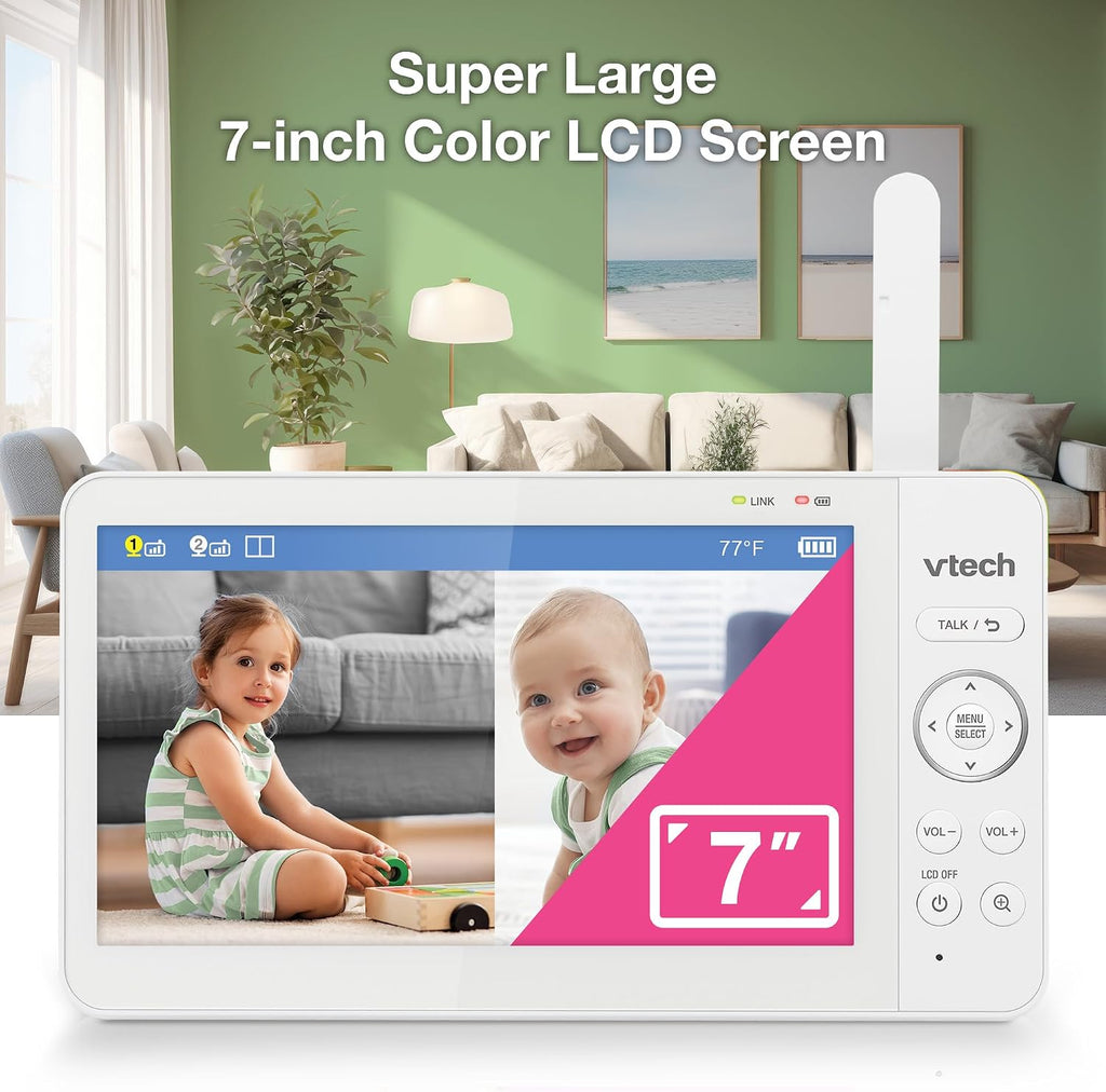VTech 2-Cameras Video Baby Monitor with 7' Color LCD Screen, Rechargeable Battery, Video and Audio Streaming, Pan-Tilt-Zoom, Touch Multi-Color Night Light, Two-Way Talk: Advanced Max Twin (Green)