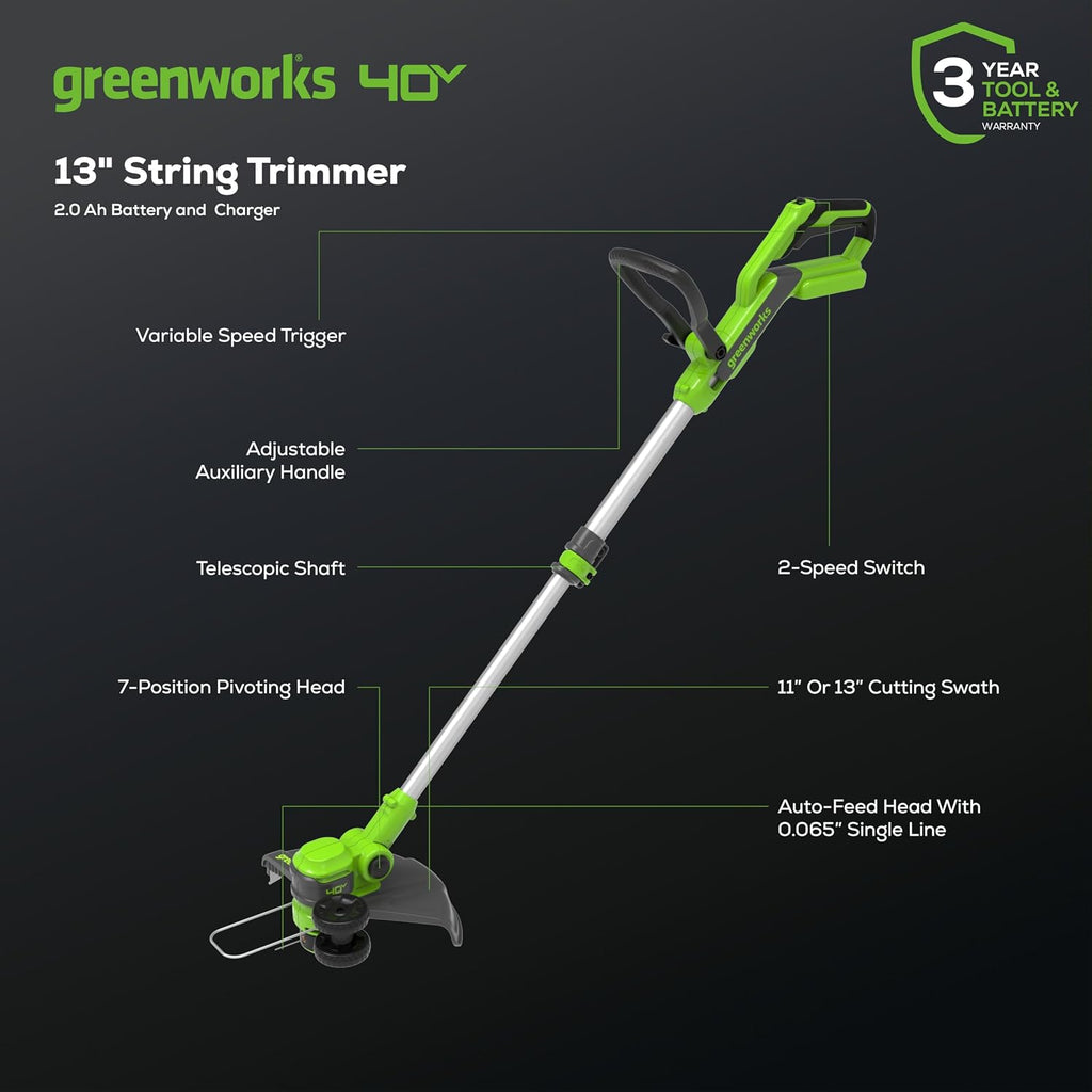 Greenworks 40V 13-Inch Cordless String Trimmer / Edger (Gen 2), Battery and Charger Not Included