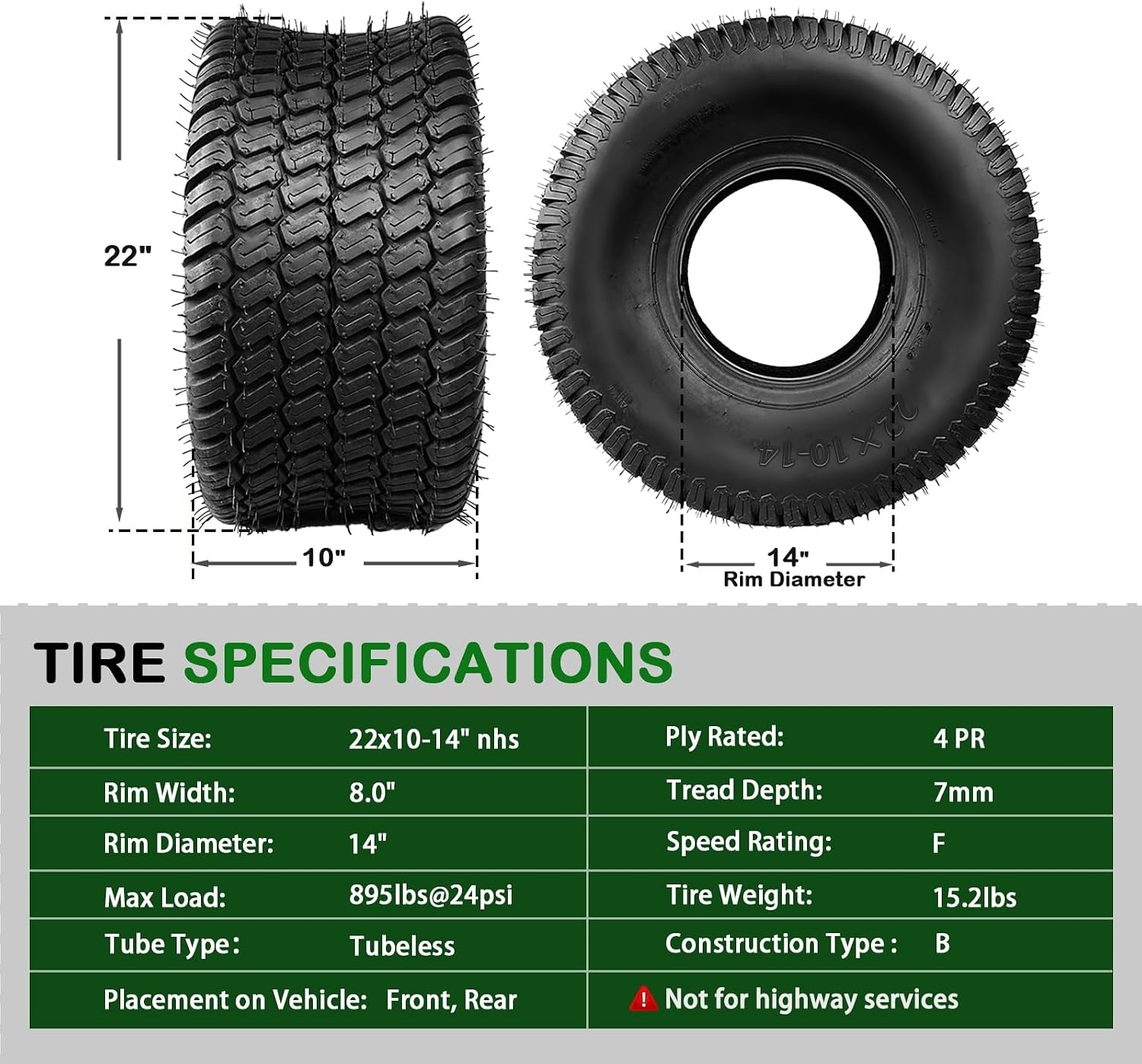 TRIPOWER 22x10-14 Lawn Mower Tires - 22x10x14 Tires for Golf Cart Riding Mower and Lawn Garden Tractor, Durable 4PR Tubeless, 895lbs Capacity, Set of 2