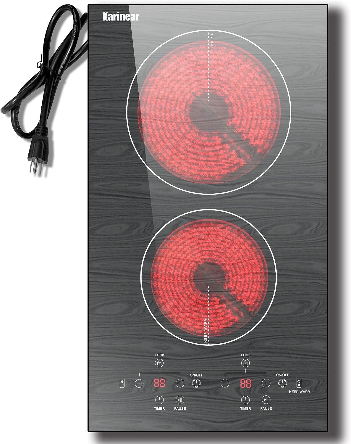 Karinear Portable Electric Cooktop 2 Burners, 110v Plug in Electric Stove Top, Countertop Use or Built-in Install, 12'' Ceramic Cooktop with Beautiful Wooden Pattern