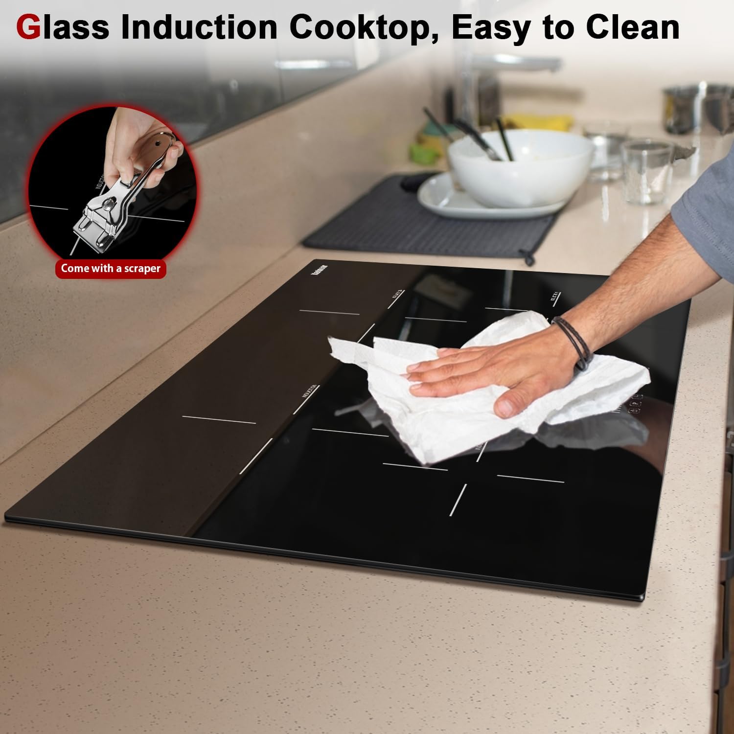 Karinear 30 Inch Induction Cooktop, 4 Burners Electric Cooktop With Touch Control, 9 Power Level Drop-in Induction Stove top, Child Safety Lock & Timer, 7200w,220V, No Plug(come with a pot)