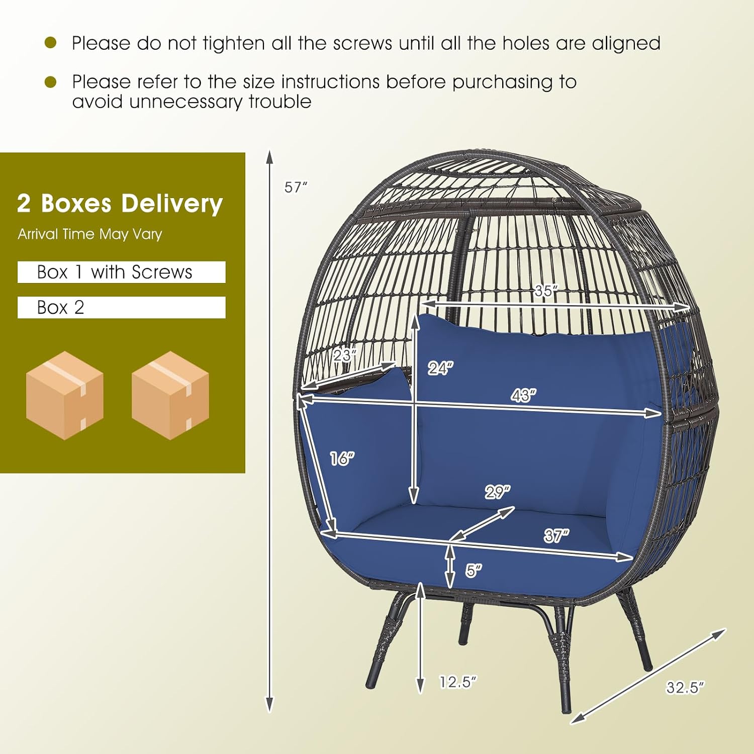Giantex Oversized Wicker Egg Chair, Outdoor & Indoor Hammock Chair with Thick Cushions, 2-Person PE Rattan Lounge Chair Swing Chair for Patio, Backyard,Porch, 450 LBS Weight Capacity (Dark Blue)