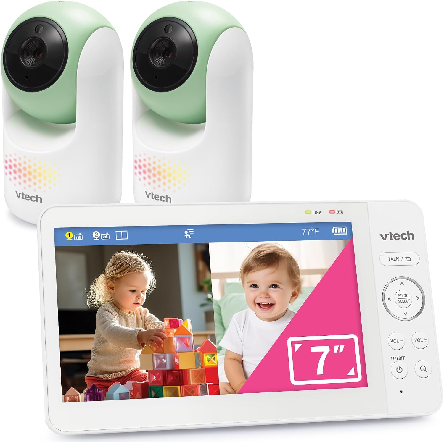 VTech 2-Cameras Video Baby Monitor with 7' Color LCD Screen, Rechargeable Battery, Video and Audio Streaming, Pan-Tilt-Zoom, Touch Multi-Color Night Light, Two-Way Talk: Advanced Max Twin (Green)