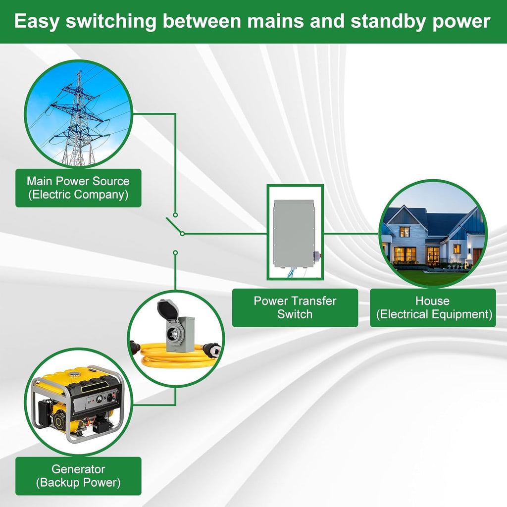 30 Amp Generator Transfer Switch Kit,10-Circuits, 7500W, Indoor&Outdoor, NEMA 3R, Include 10 Foot Cord and 30 Amps Inlet Box, Easy to Install,5 Years Warrnaty
