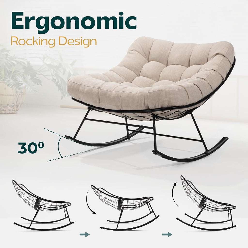 Bme Patio Rocking Chair Outdoor & Indoor with Ottoman, Metal Patio Lounge Rocking Chair with Thick Cushion, Comfy Modern Rocker Chair, Beige Cushion - Black Matte Rocker