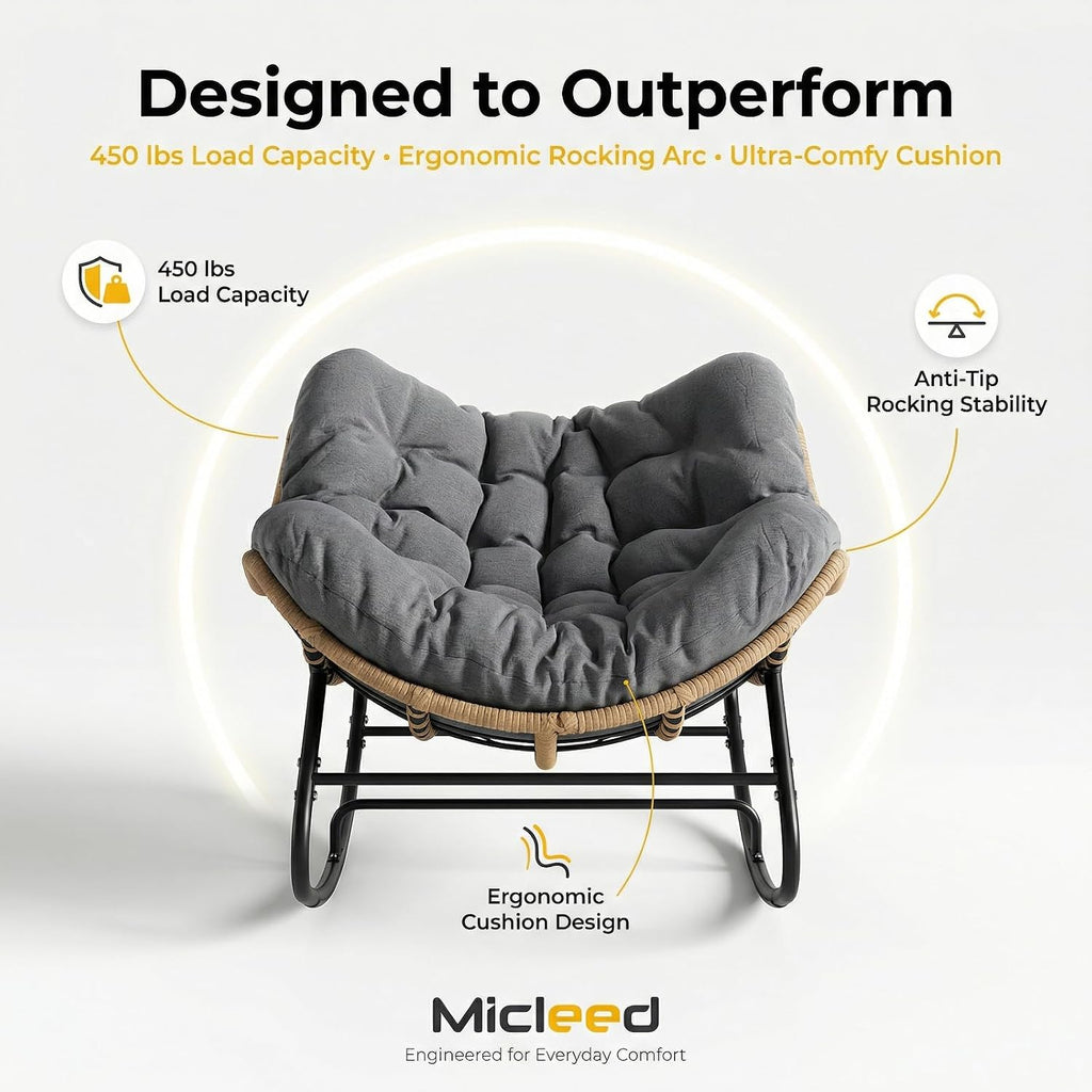 Oversized Papasan Rocking Chair Outdoor, Comfy Wicker Patio Papasan Egg Rocker with Thick Cushion for 450 lbs, Indoor Lounge Reading Chair for Living Room, Porch, Garden, Balcony-Dark Gray