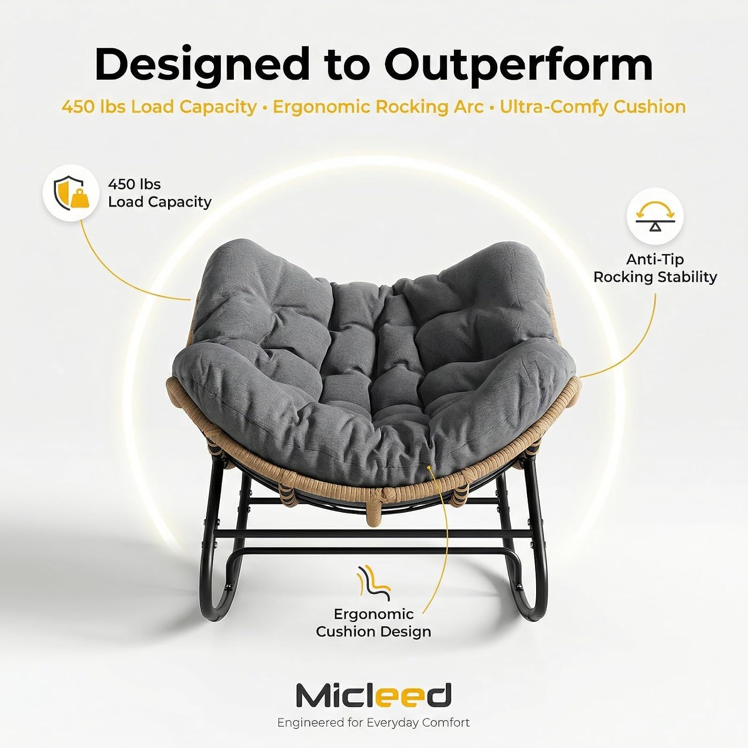 Oversized Papasan Rocking Chair Outdoor, Comfy Wicker Patio Papasan Egg Rocker with Thick Cushion for 450 lbs, Indoor Lounge Reading Chair for Living Room, Porch, Garden, Balcony-Dark Gray