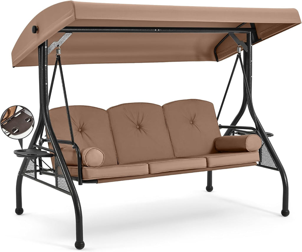 HOMREST 3 Seat Outdoor Porch Swing with Adjustable Canopy, Convertible Patio Swing Bed with Stand, Patio Glider Swing with Upgraded Cup Holder, Thicken Cushions ＆ Pillow for Backyard(Brown)
