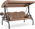 HOMREST 3 Seat Outdoor Porch Swing with Adjustable Canopy, Convertible Patio Swing Bed with Stand, Patio Glider Swing with Upgraded Cup Holder, Thicken Cushions ＆ Pillow for Backyard(Brown)