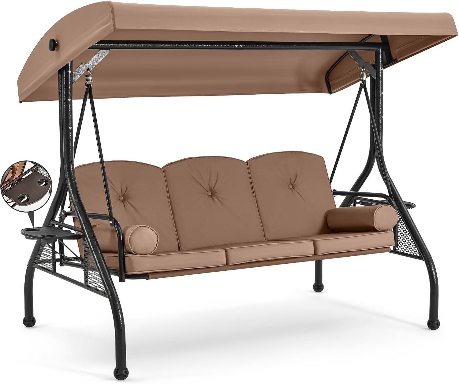 HOMREST 3 Seat Outdoor Porch Swing with Adjustable Canopy, Convertible Patio Swing Bed with Stand, Patio Glider Swing with Upgraded Cup Holder, Thicken Cushions ＆ Pillow for Backyard(Brown)