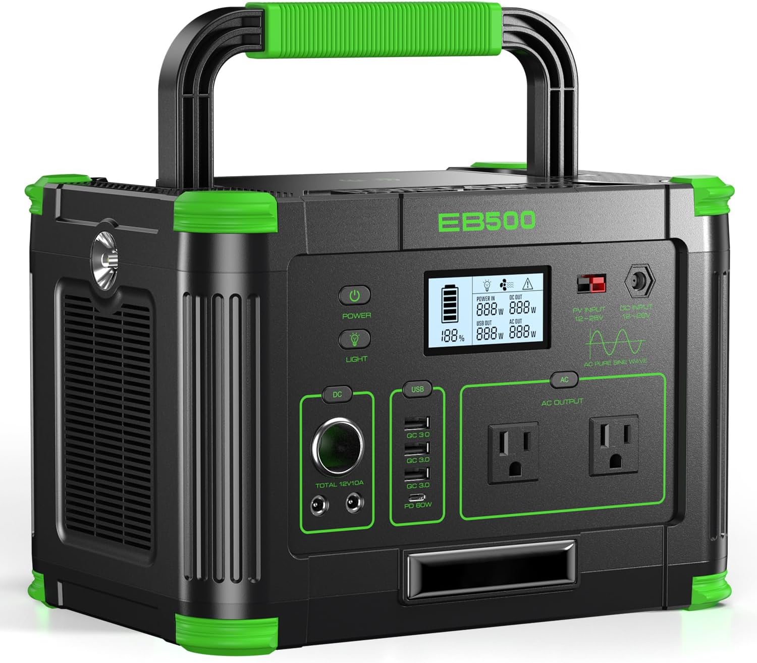 Portable Power Station 500W, 519Wh Solar Generator, 110V Pure Sine Wave AC Outlets, 60W USB-C PD, 10 Ports for Outdoor Camping RV Van, Home Backup Emergency Off-Grid Living,(1000W Peak) Dark Green