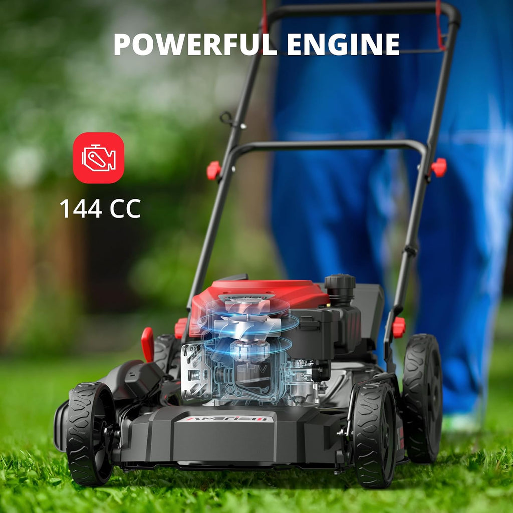 AMERISUN 144cc Gas Lawn Mower, 21 inch 2-in-1 Mulching & Side Discharge, 6-Position Height Adjustment, Foldable Handles for Lawn, Yard, and Garden Maintenance