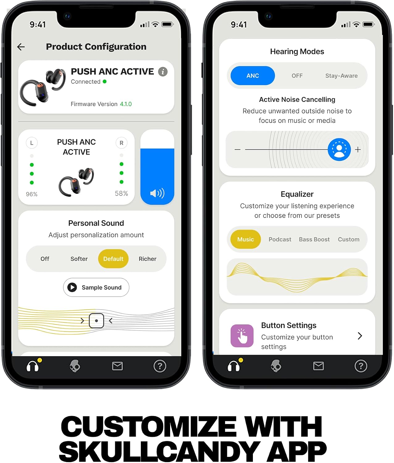 Skullcandy Push ANC Active Wireless Earbuds, Bluetooth Headphones, Noise Cancelling, 58 Hours Battery, Secure-Fit Over-Ear Hanger, Sweat and Waterproof, Microphone for iPhone Android - Primer