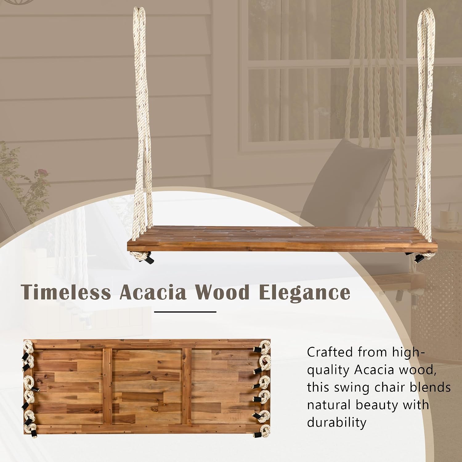 YOPTO Acacia Wood Porch Swing Bench with Cushion & Pillows, 63' Outdoor Hanging Bench for 2 Adults, Rustic Heavy Duty 10.8ft Ropes Swing Daybed for Patio Backyard Garden, White