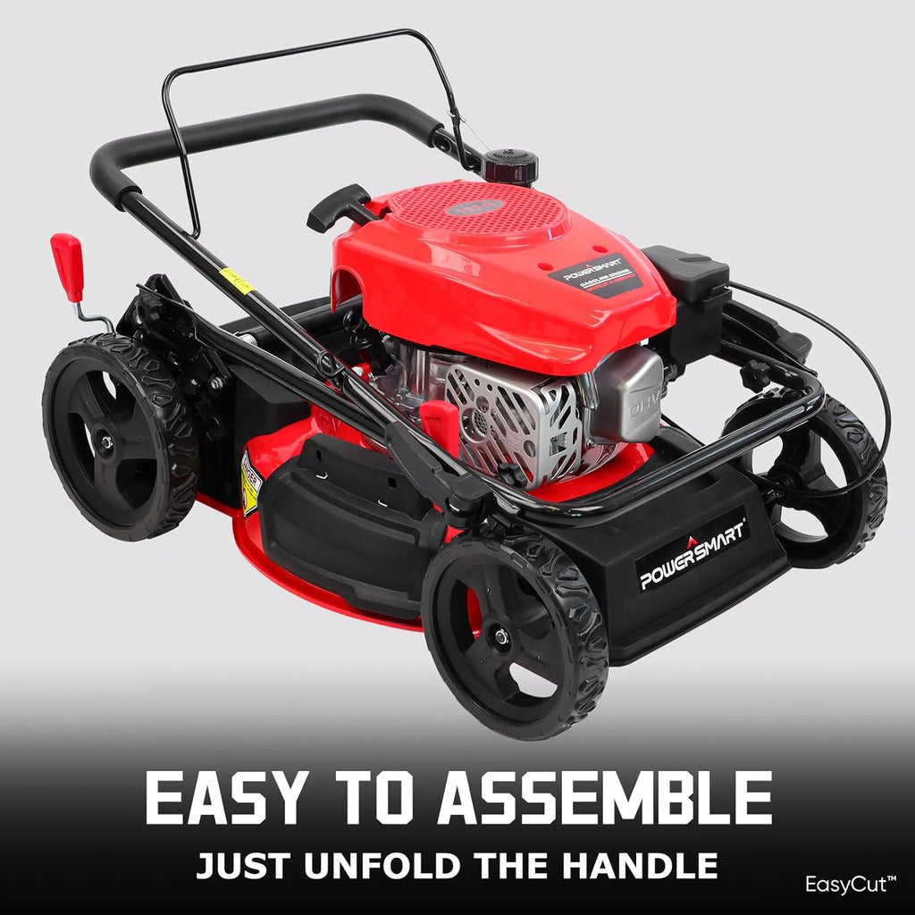 PowerSmart EasyCut 18-Inch Gas Lawn Mower, 144cc 4-Stroke OHV Engine, Push Walk-Behind, 3-in-1 Mulch/Bag/Side Discharge, Steel Deck, 6 Height Adjustment