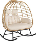 SWITTE Double Wicker Egg Rocking Chair Outdoor, Indoor Egg Swing Loveseat with Thick Cushions, Oversized 2-Person Patio Lounge Chair, 680 LBS Capacity for Balcony, Backyard, Porch-Beige