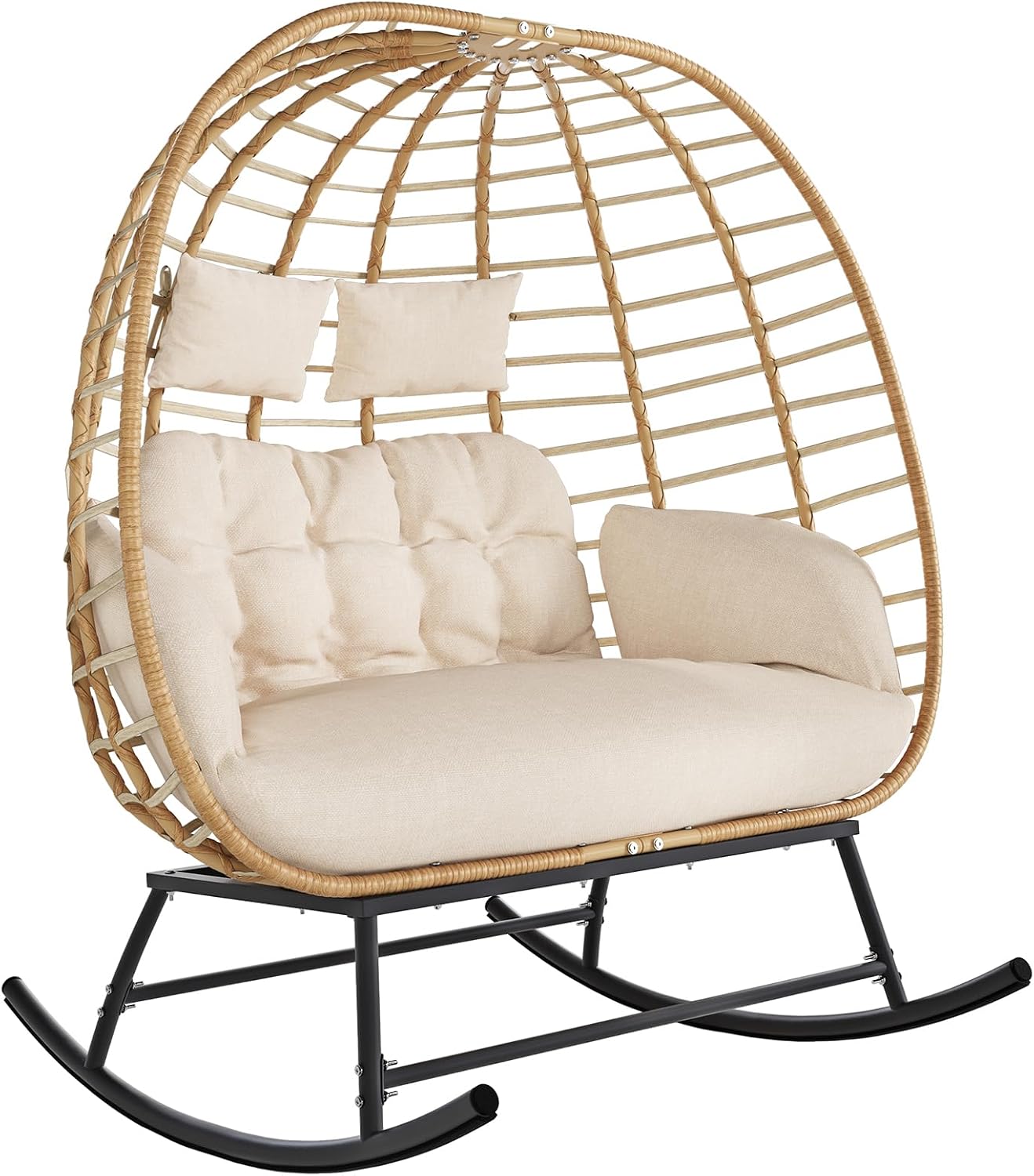 SWITTE Double Wicker Egg Rocking Chair Outdoor, Indoor Egg Swing Loveseat with Thick Cushions, Oversized 2-Person Patio Lounge Chair, 680 LBS Capacity for Balcony, Backyard, Porch-Beige