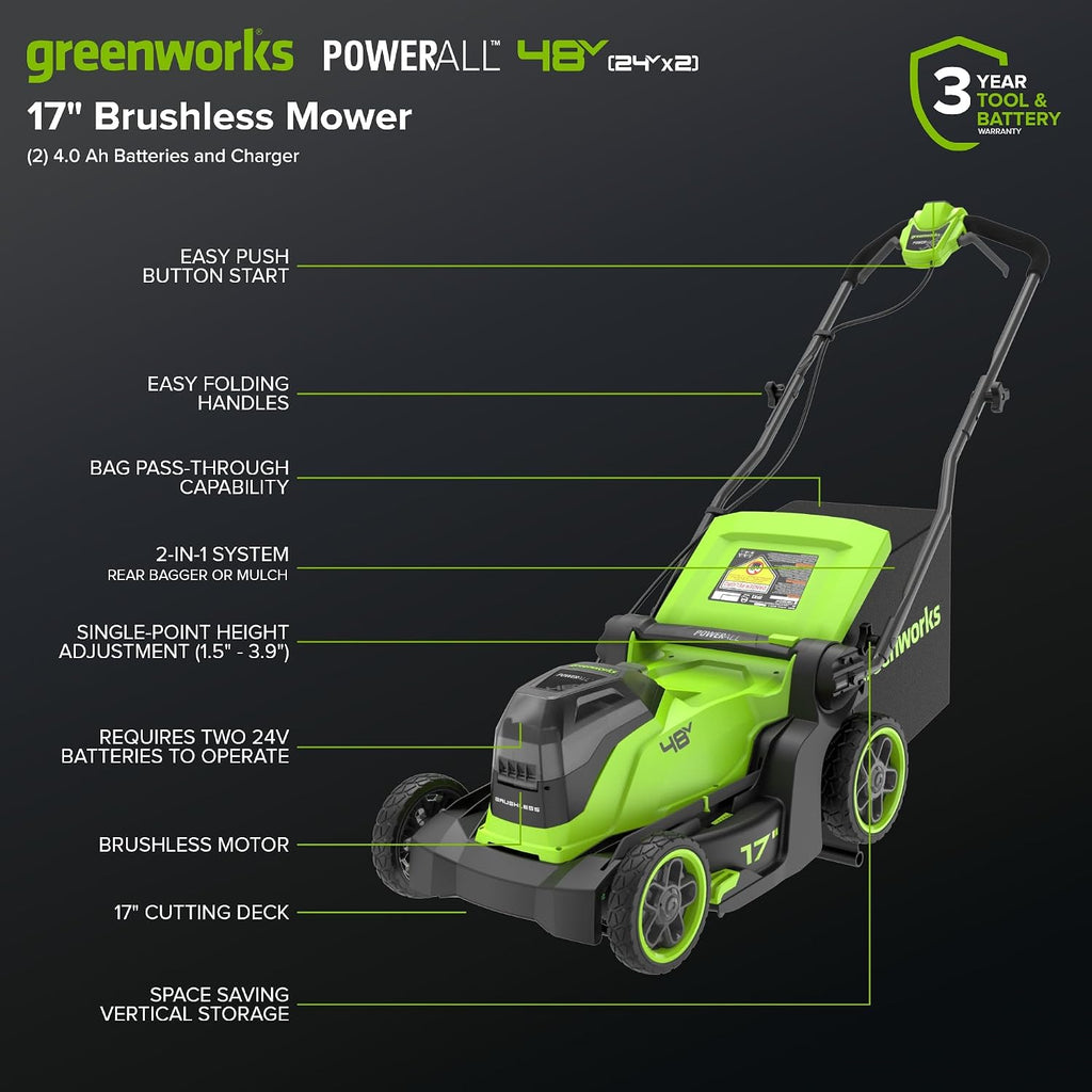 Greenworks 48V (24V x 2) 17' Brushless Push Mower + 270 CFM/130MPH Blower + 12' String Trimmer Combo with (2) 4.0Ah Batteries, 65W Type-C Charger & (2) 3-ft Cables